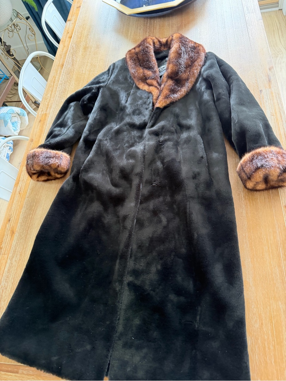Vintage Olympia Limited inc full length faux fur coat, black and brown small